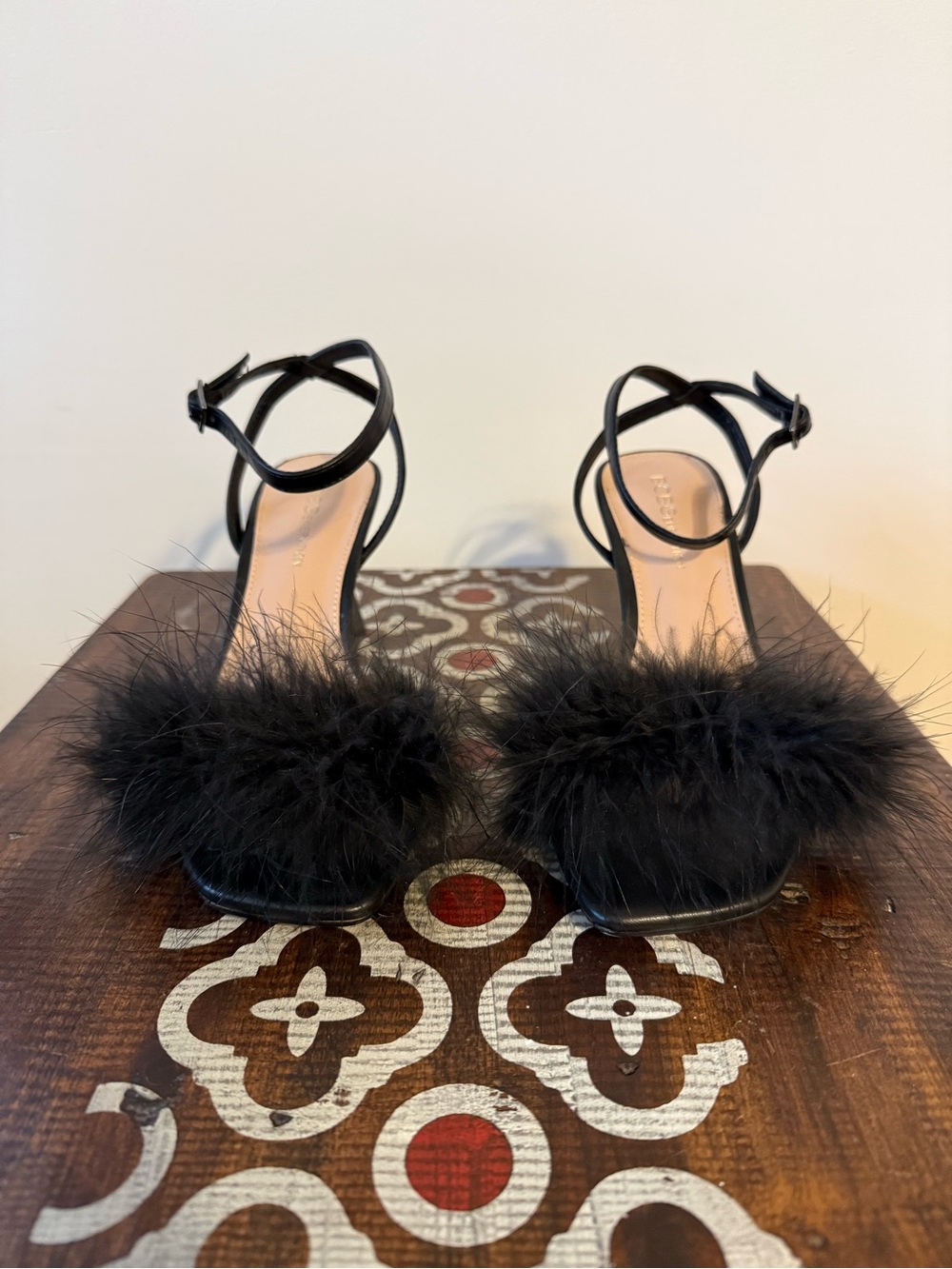 BCBGeneration Black Feathered Ankle-Strap Heels